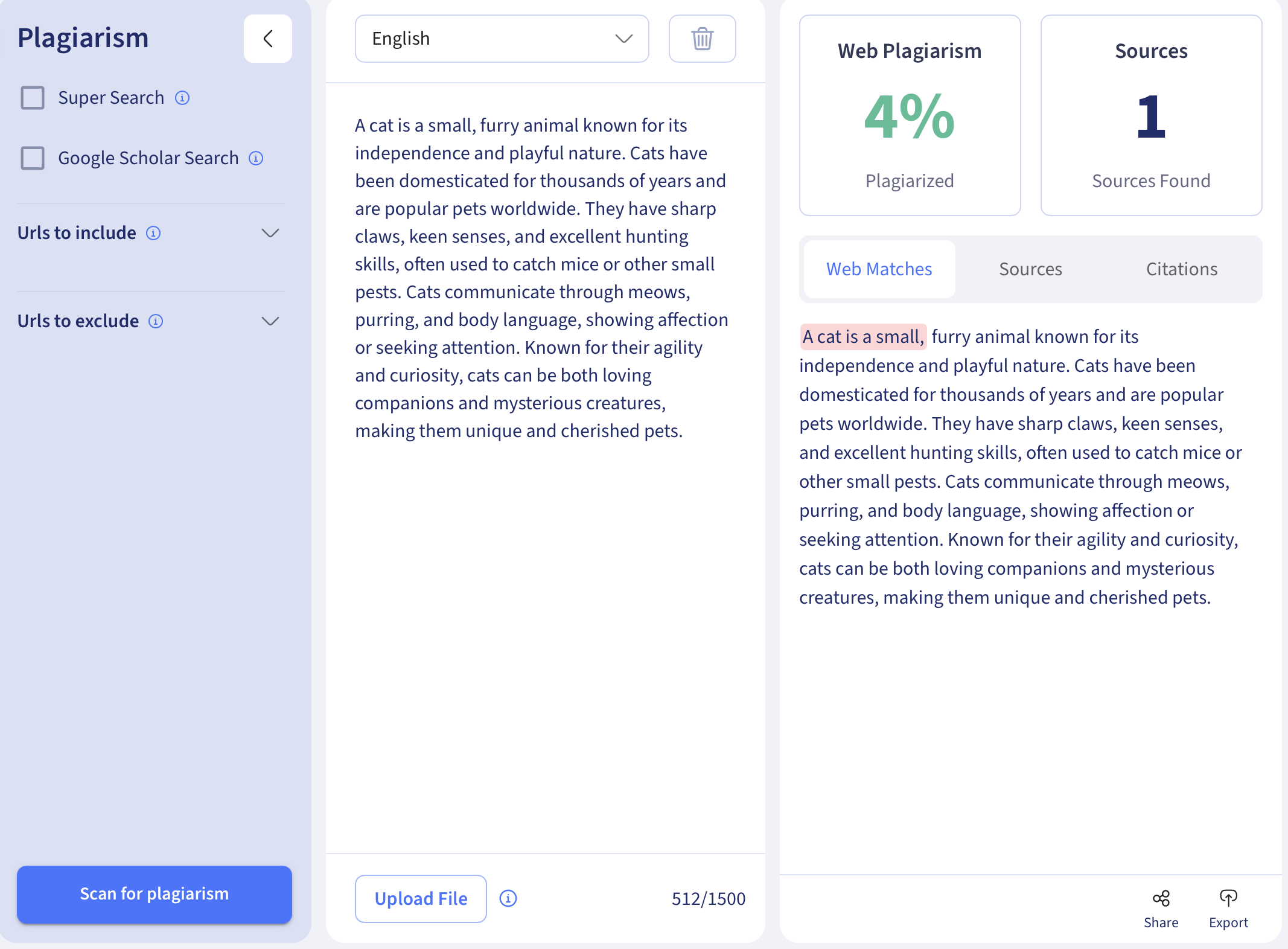 Smodin’s screenshot of the Plagiarism tool. 